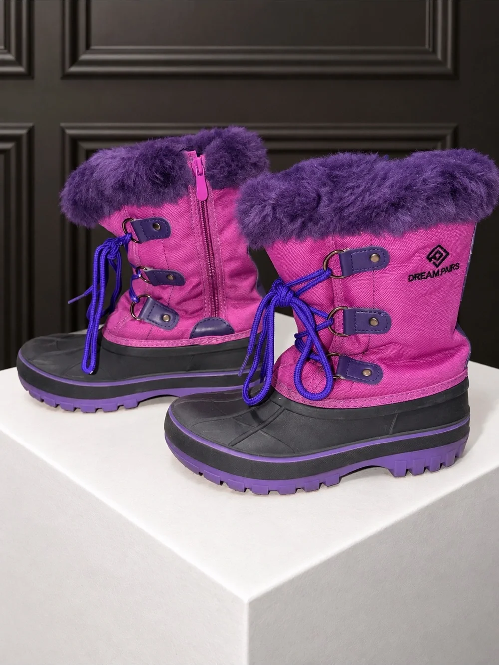 DREAM PAIRS Forester Kids Pink & Purple Faux Fur Winter Snow Boots – Size 3